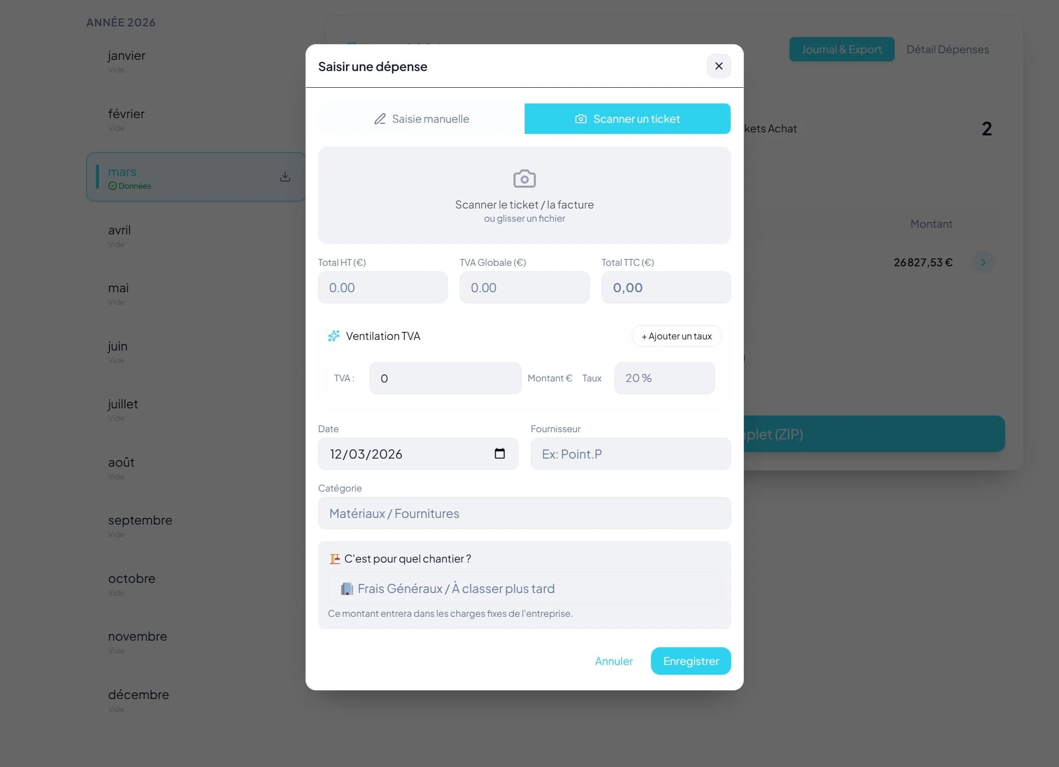 Interface comptabilité avec scan de ticket